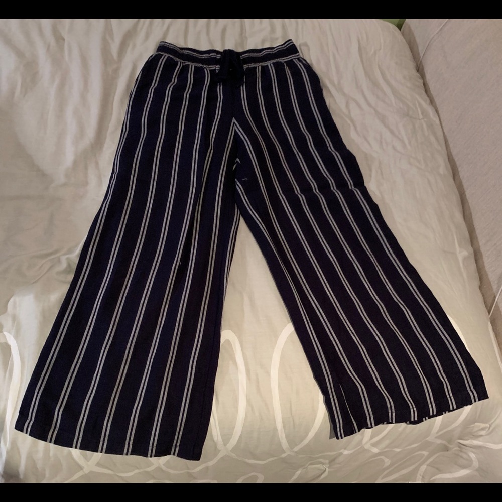 Blue and White Striped Flowy Pants